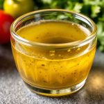 زجاجة ومغرفة صلصة فينيجريت منفصلة وملعقة تخفق لإعادة الخلط