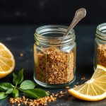 مرطبان توابل منزلية حمضية وفلفلية بجانب شرائح ليمون وفلفل