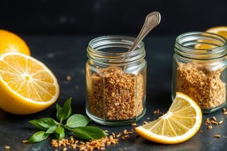 مرطبان توابل منزلية حمضية وفلفلية بجانب شرائح ليمون وفلفل