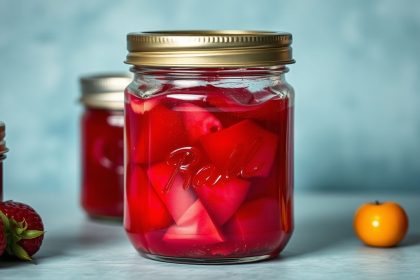 مربى معلب فقد لونه في برطمان زجاجي مع توت طازج