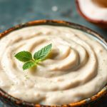 صحن تشاتني جوز الهند الكريمية مع ملعقة وخطوات وصفة سهلة بجانبه