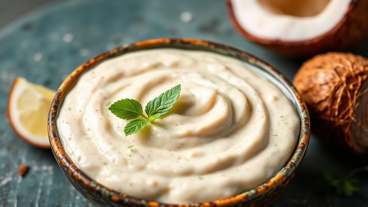 صحن تشاتني جوز الهند الكريمية مع ملعقة وخطوات وصفة سهلة بجانبه