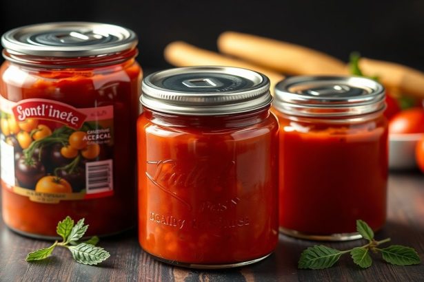 مغرفة صلصة حمراء بجانب علبة معلبة توضح طعم الصلصة المعلبة