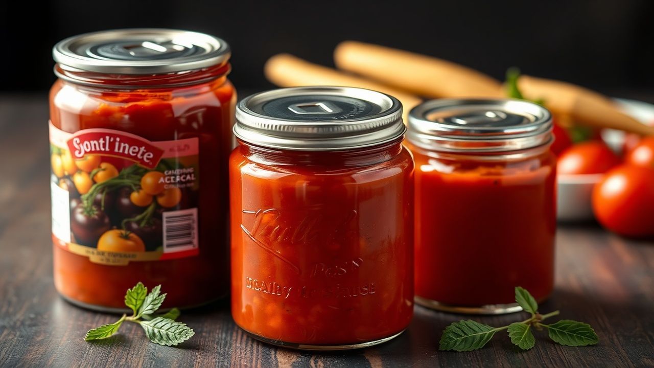 مغرفة صلصة حمراء بجانب علبة معلبة توضح طعم الصلصة المعلبة