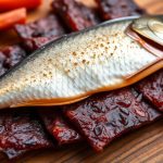 جيركي سمك منزلي مجفف مع توابل وشرائح على لوح خشبي