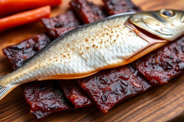 جيركي سمك منزلي مجفف مع توابل وشرائح على لوح خشبي