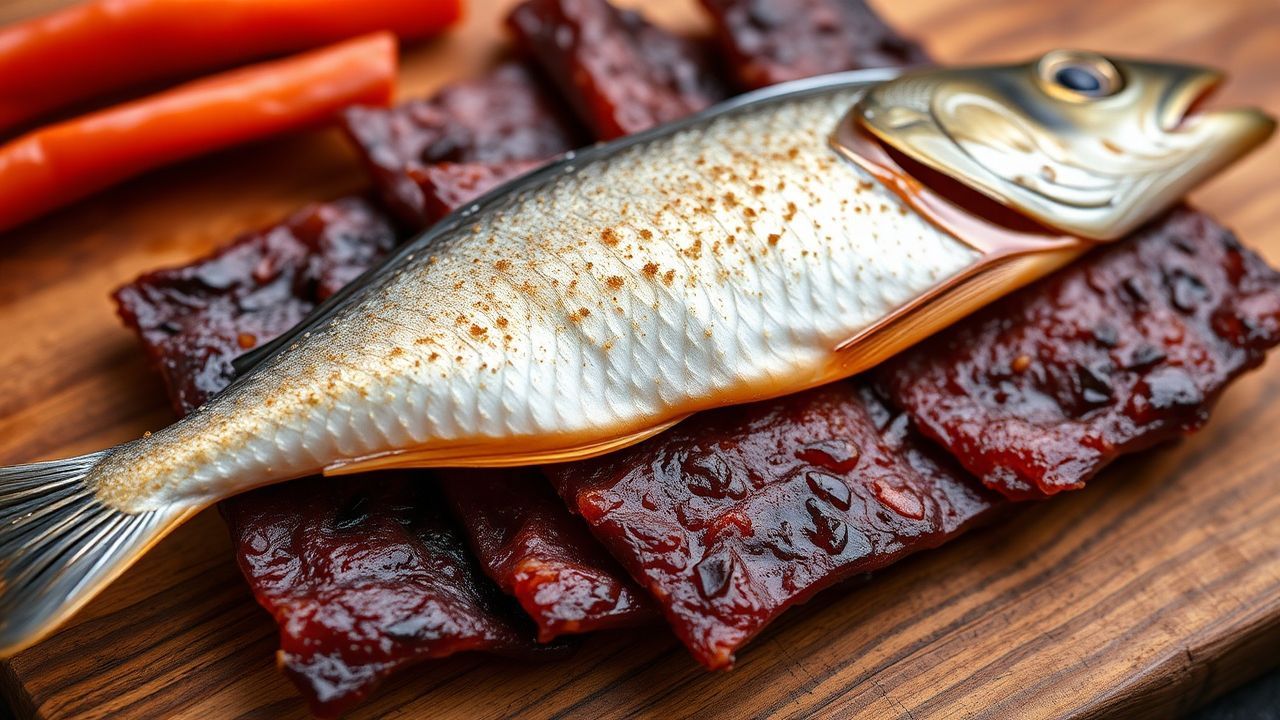 جيركي سمك منزلي مجفف مع توابل وشرائح على لوح خشبي