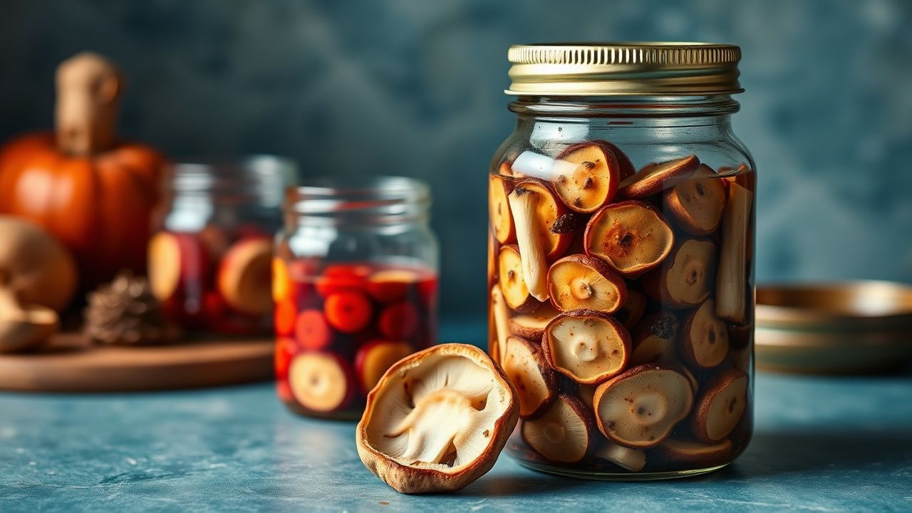 برطمان فطر مخلل مع شرائح وأعشاب، دليل بصري لخطوات التخليل