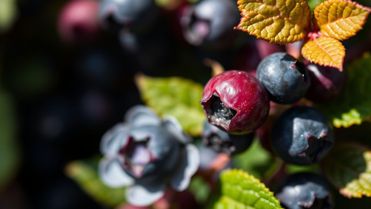 شخص يجمع توتًا بريًا أزرقًا في غابة مشمسة ومورقة