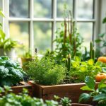 حديقة مطبخية خضراء تُظهر أعشابًا وخضرواتٍ طازجة في أصص على الشرفة