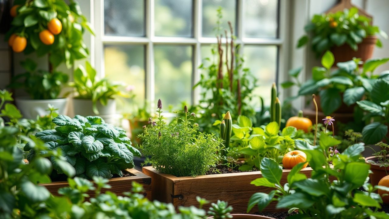 حديقة مطبخية خضراء تُظهر أعشابًا وخضرواتٍ طازجة في أصص على الشرفة
