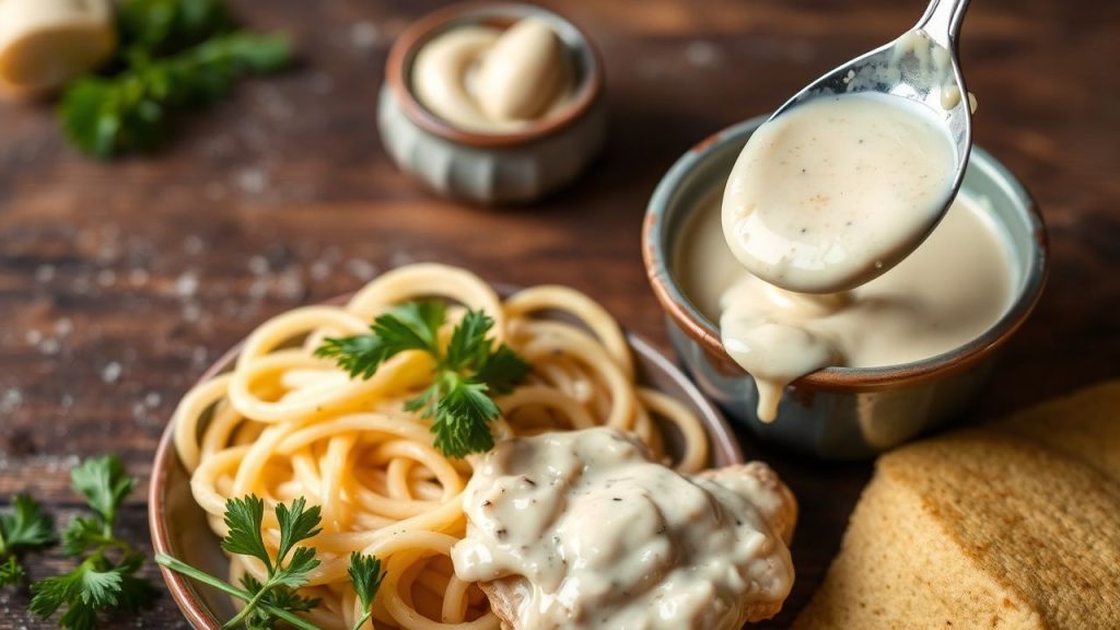 صوص ألفريدو كريمي محلي الصنع في وعاء مع توابل طازجة