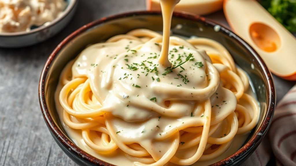 مكرونة فوتوشيني مغطاة بصلصة ألفريدو كريمية ناعمة مع رشة بقدونس