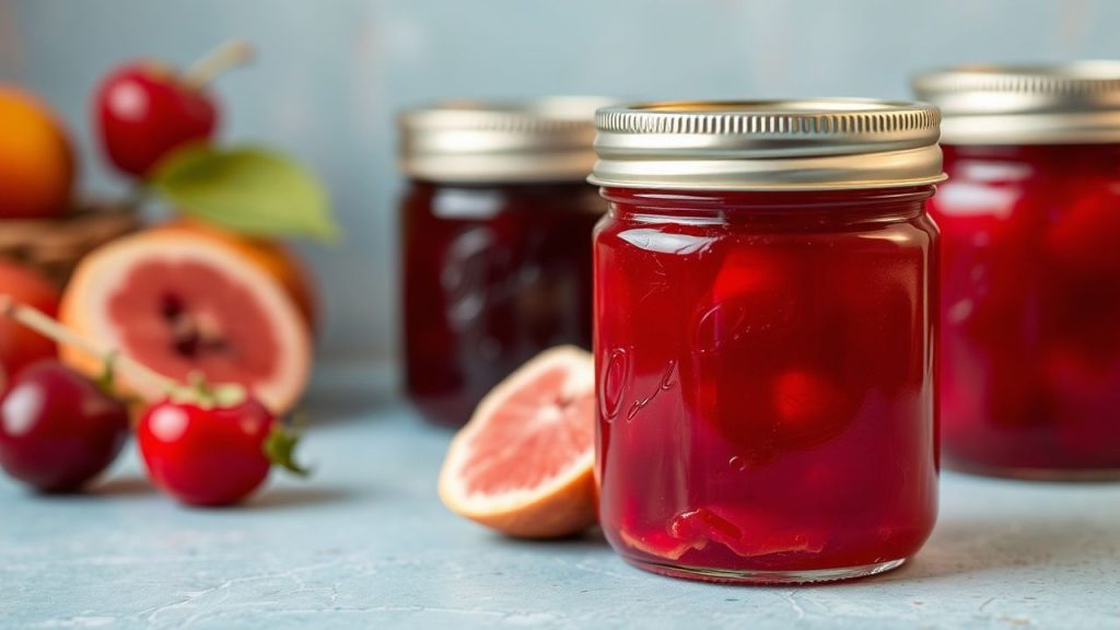 جرة مربى منزلي باهتة اللون بجانب توت وغطاء قماشي.