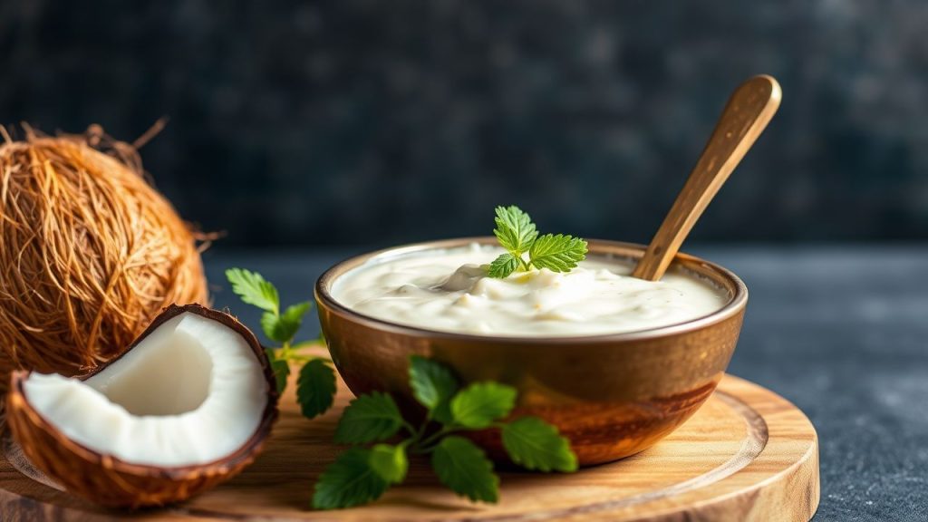 تشاتني جوز الهند الكريمي في وعاء مع ملعقة وجوز هند مبشور