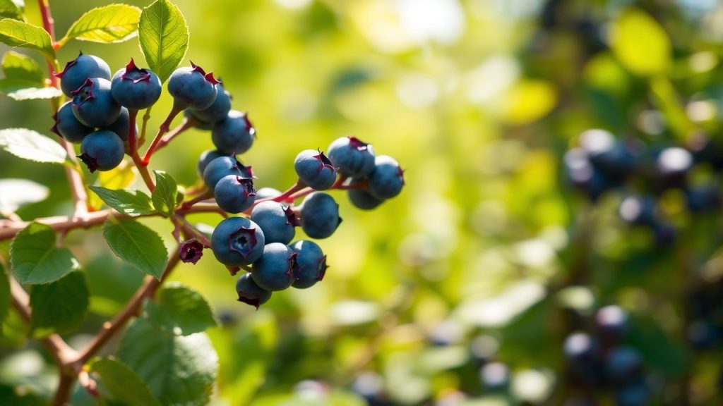 Person picking a wild blueberry in a sunlit forest