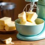 خلاط قائم يخفق قشدة لصنع زبدة منزلية طازجة في وعاء مع ملعقة