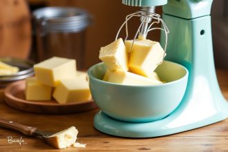 خلاط قائم يخفق قشدة لصنع زبدة منزلية طازجة في وعاء مع ملعقة