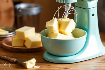 خلاط قائم يخفق قشدة لصنع زبدة منزلية طازجة في وعاء مع ملعقة