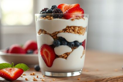 كأس بارفيه زبادي كريمي بطبقات فواكه طازجة وموسلي ومكسرات
