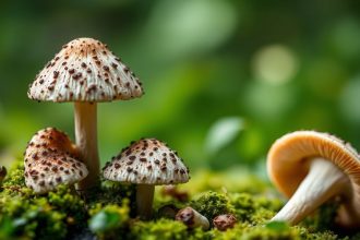 مشروم بري مشوي مع جبنة وأعشاب طازجة على لوح خشبي