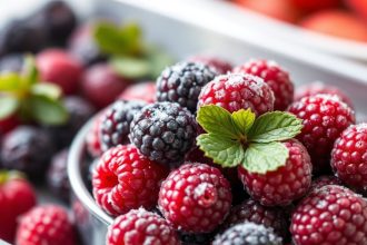 توت طازج مجمّد مفصول على صينية بدون تكتلات