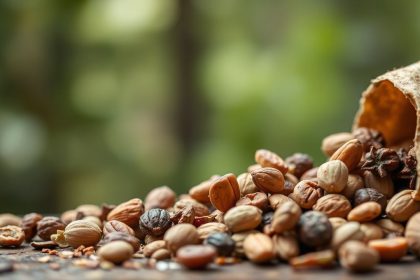 لوح طاقة من مكسرات برية مُجمّعة يدوياً على خلفية طبيعية