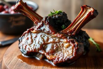 ذيل بقري مدخن طري على طبق مع توابل وعصارة