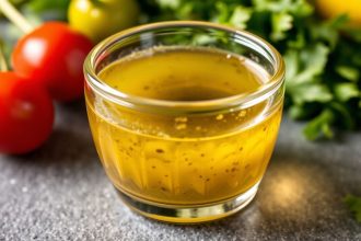 زجاجة ومغرفة صلصة فينيجريت منفصلة وملعقة تخفق لإعادة الخلط