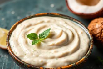 صحن تشاتني جوز الهند الكريمية مع ملعقة وخطوات وصفة سهلة بجانبه