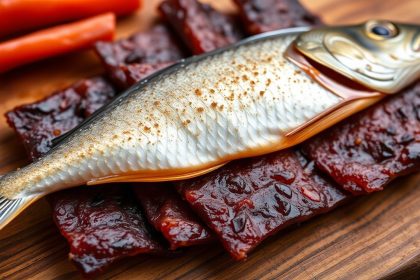 جيركي سمك منزلي مجفف مع توابل وشرائح على لوح خشبي