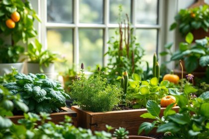 حديقة مطبخية خضراء تُظهر أعشابًا وخضرواتٍ طازجة في أصص على الشرفة