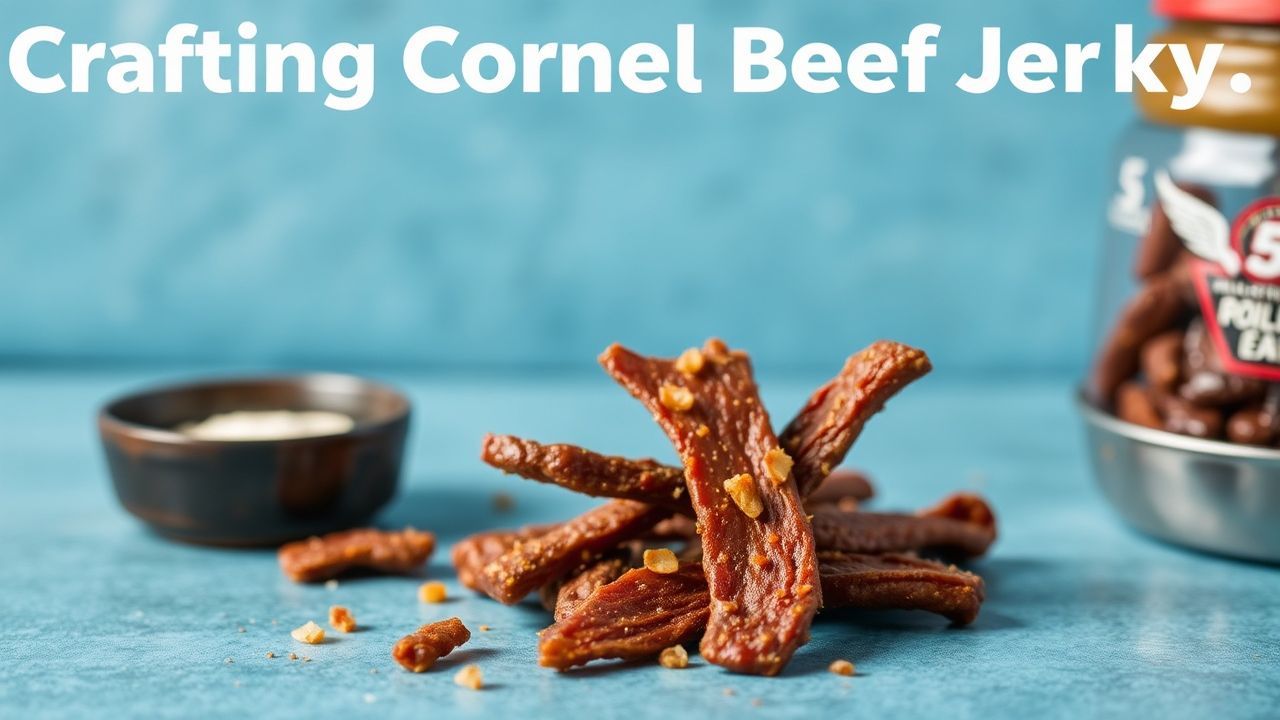 شرائح لحم بقري مجفف (جركي) مملّح ومتبّل على لوح خشبي مع أعشاب