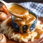 مرق بصل منزلي غني وكلاسيكي يُسكب فوق شرائح لحم محمّرة