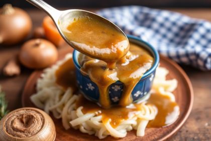 مرق بصل منزلي غني وكلاسيكي يُسكب فوق شرائح لحم محمّرة