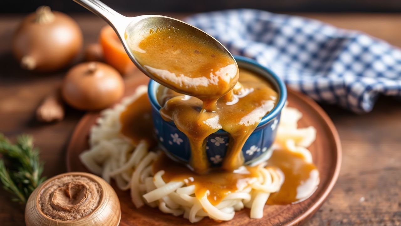 مرق بصل منزلي غني وكلاسيكي يُسكب فوق شرائح لحم محمّرة