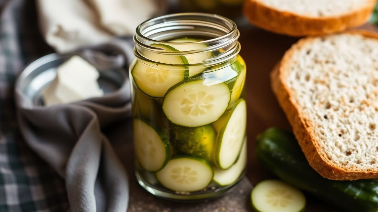 شرائح مخلل خبز وزبدة مقرمشة وحلوة على طبق زجاجي