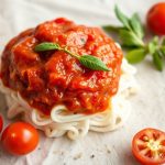 وعاء صلصة طماطم منزلية سميكة مع أعشاب طازجة ومكونات لازانيا