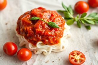 وعاء صلصة طماطم منزلية سميكة مع أعشاب طازجة ومكونات لازانيا