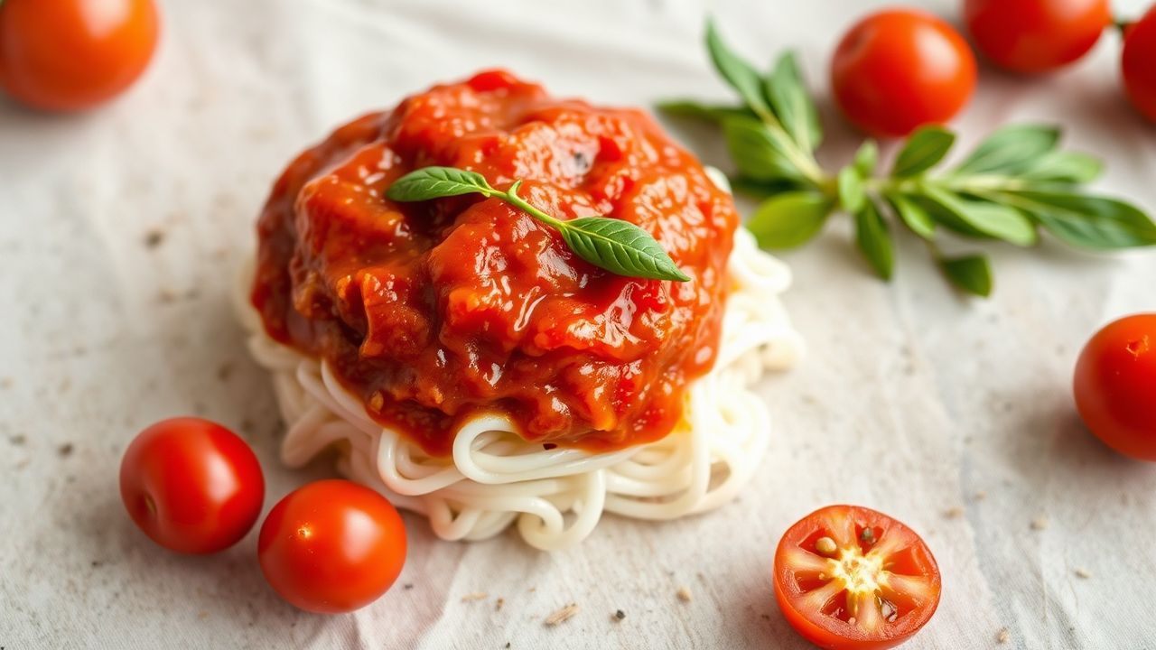 وعاء صلصة طماطم منزلية سميكة مع أعشاب طازجة ومكونات لازانيا