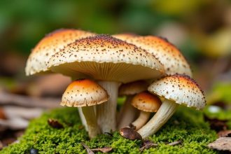 شخص يعرض فطرًا مشبوهًا بينما تظهر إرشادات إسعاف للحالات المسممة