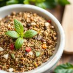 زجاجة توابل إيطالية منزلية الصنع مع أعشاب مجففة ومغرفة خشبية