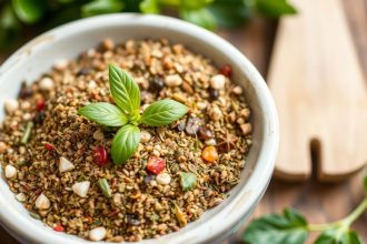 زجاجة توابل إيطالية منزلية الصنع مع أعشاب مجففة ومغرفة خشبية