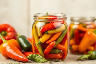 برطمان فلفل حار مخلل أحمر وأخضر على طاولة خشبية