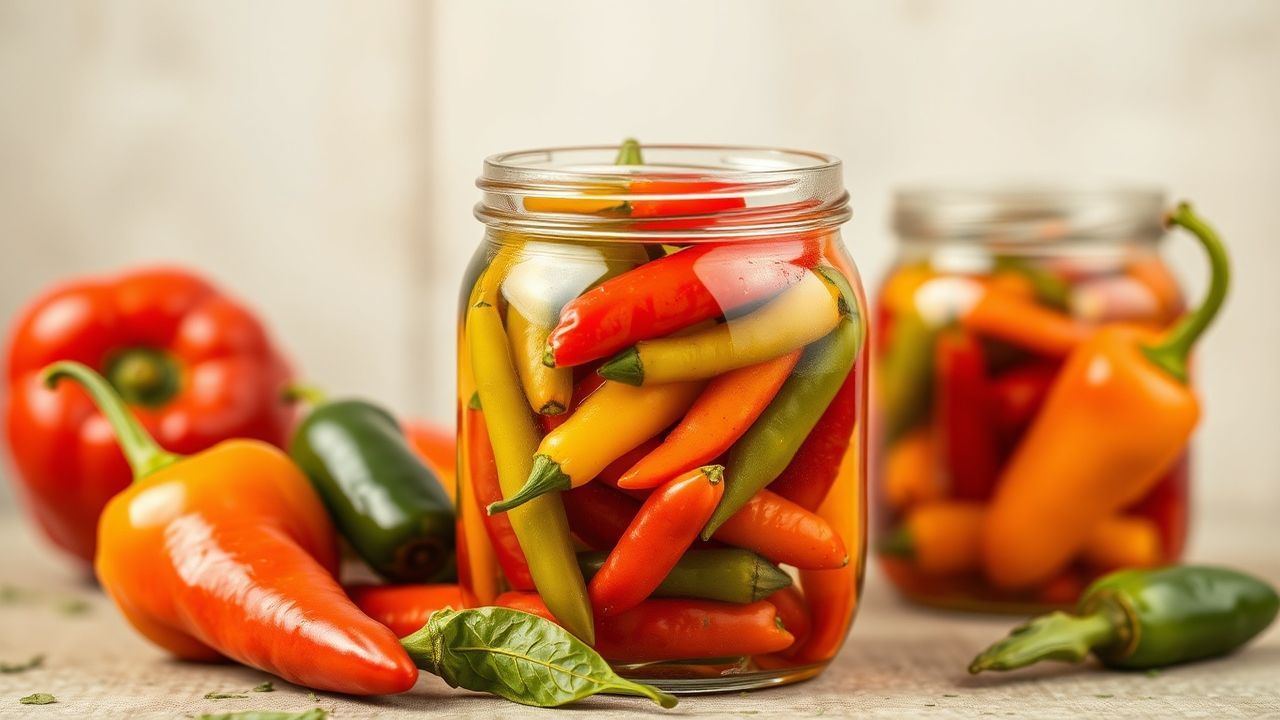 برطمان فلفل حار مخلل أحمر وأخضر على طاولة خشبية