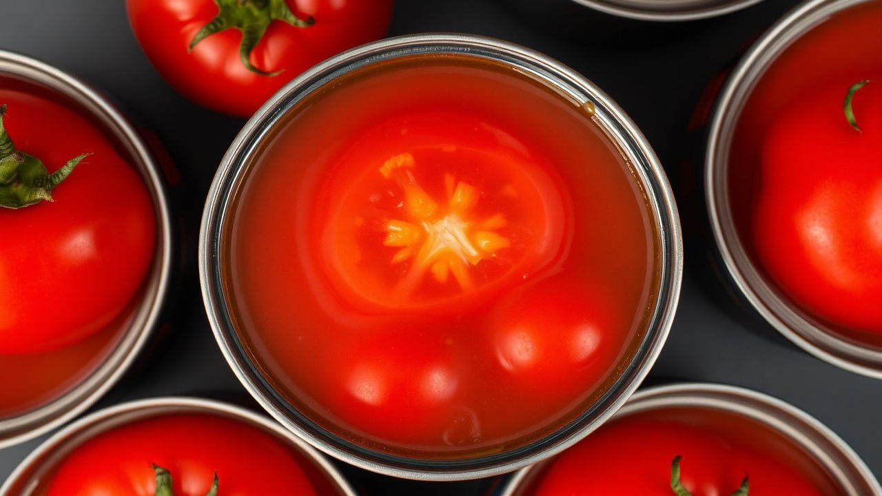 طماطم معلبة كاملة تسبح في سائل عصيري أحمر