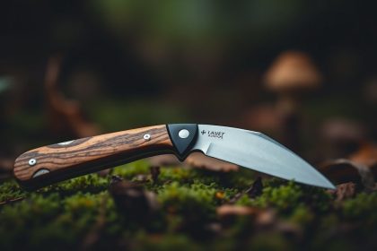 سكين جمع الفطر بجانب سلة وفطر بري في الغابة