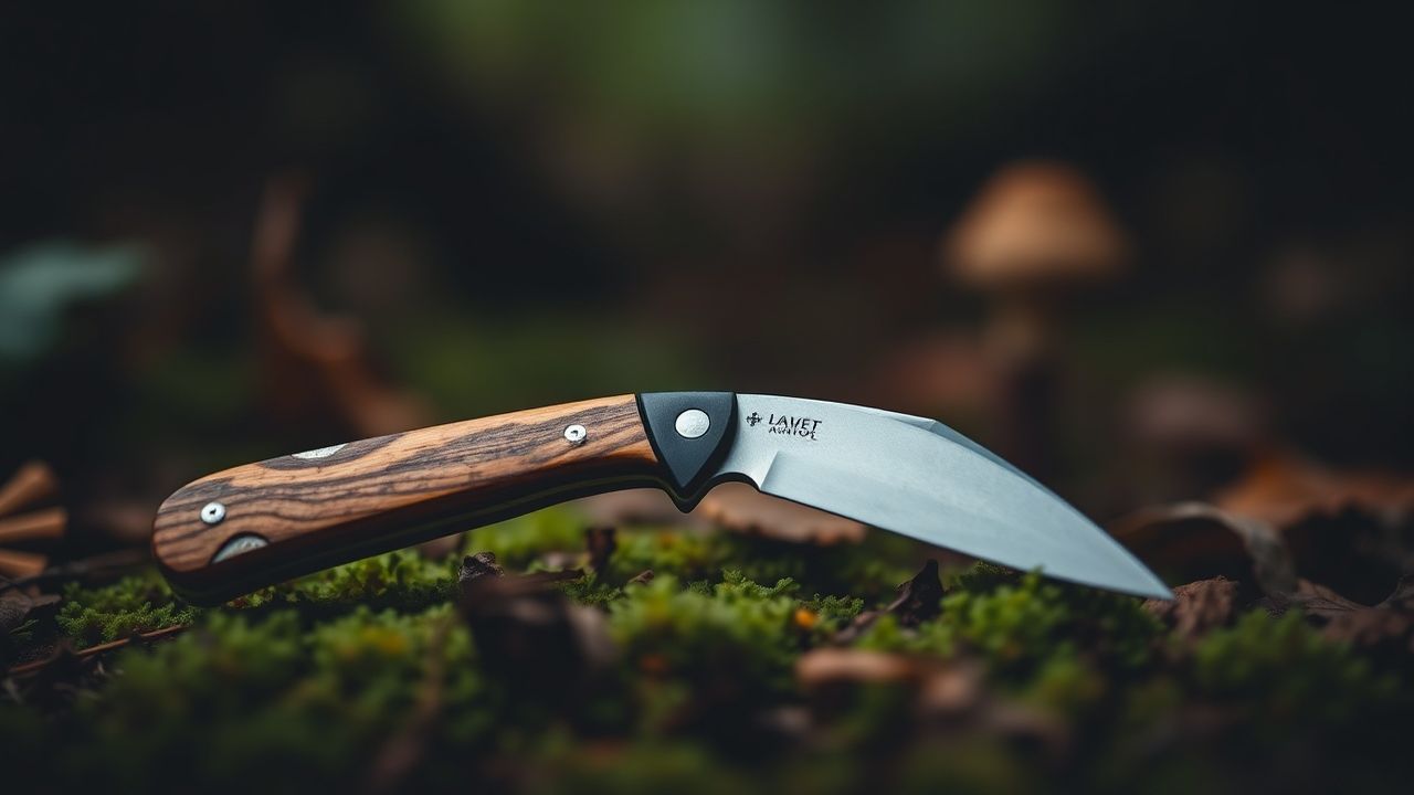 سكين جمع الفطر بجانب سلة وفطر بري في الغابة