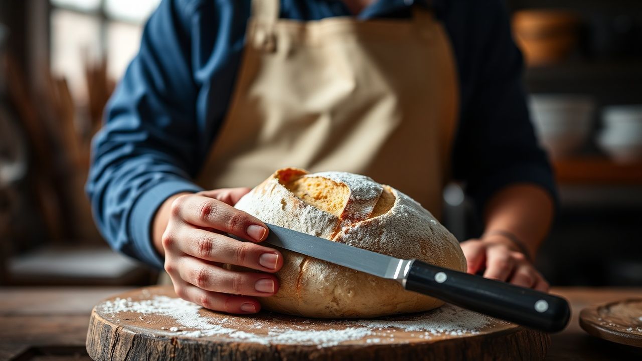 أداة الخبّاز (لام) حادة تجرح سطح رغيف ليمنحه نقوشًا فنية