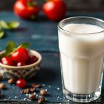 كوب عيران رغوي مقدّم مع مغرفة ونعناع فوق طاولة خشبية